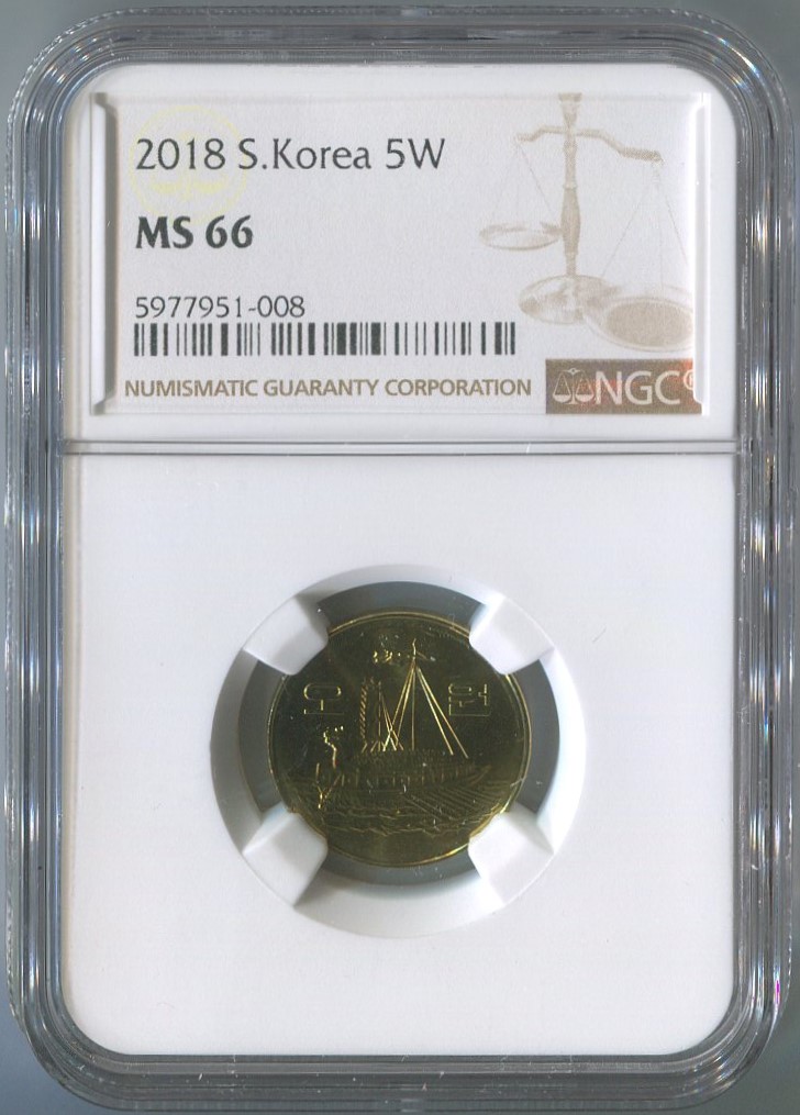 한국은행 5원 주화 2018년(104,000개) NGC MS 66  미사용품