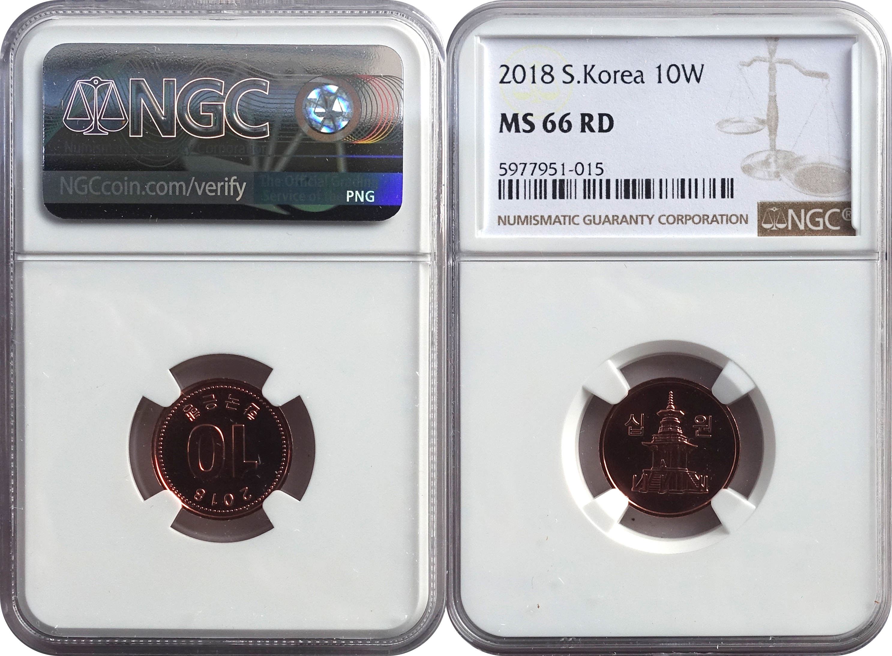 한국은행 라10원주화 (2018년표기) NGC MS 66 RD 미사용품