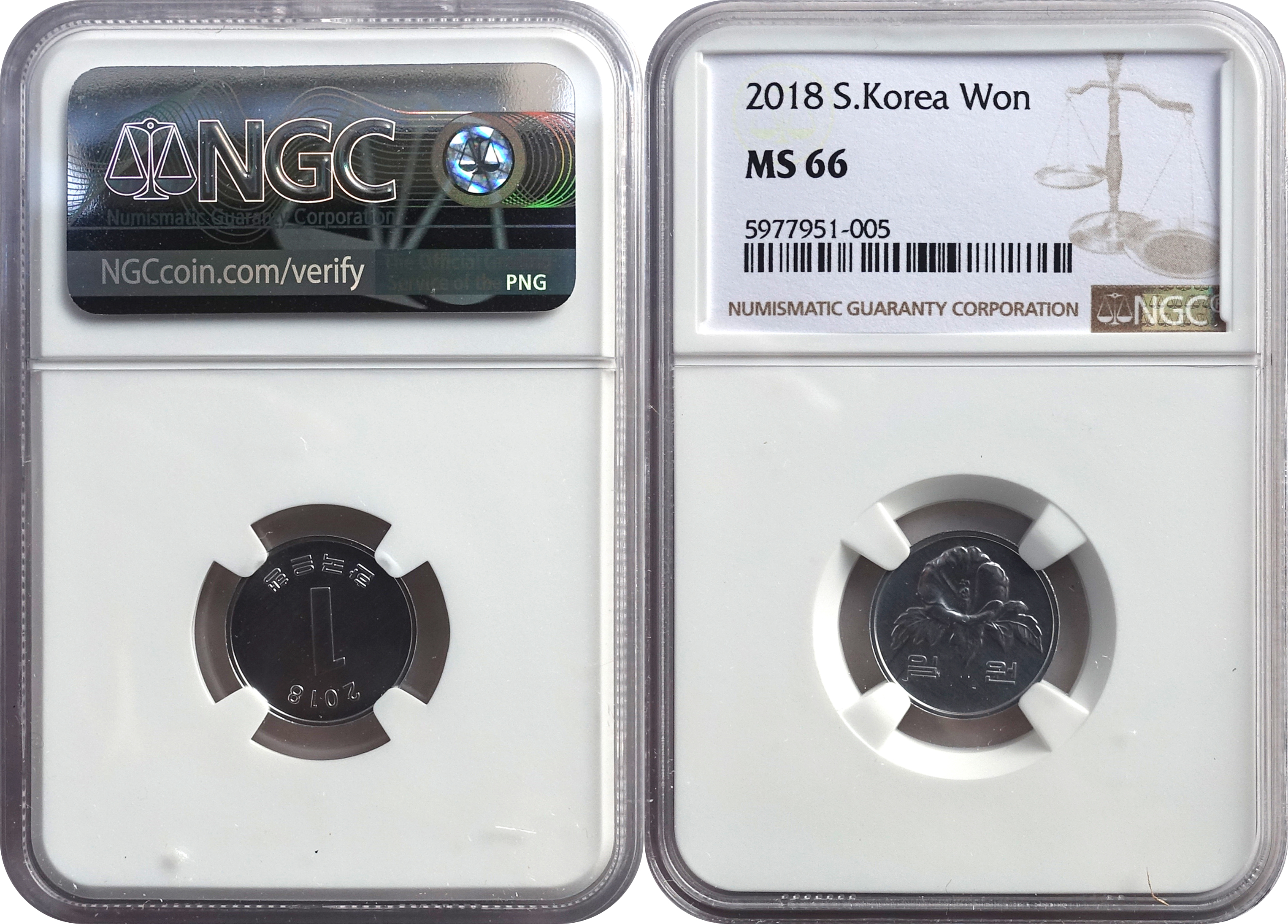 한국은행 1원 주화 (2018년표기) NGC MS 66  미사용품