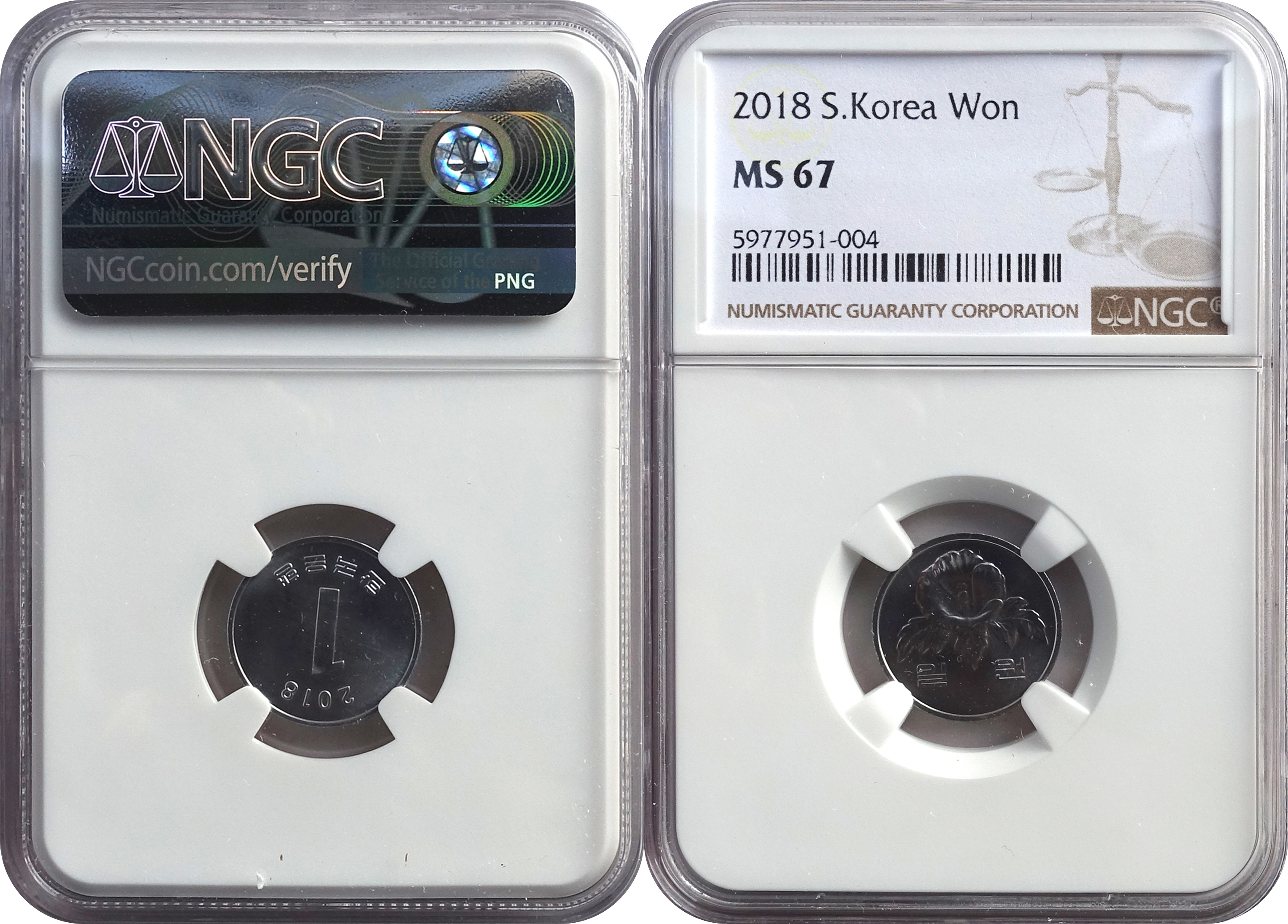 한국은행 1원 주화 (2018년표기) NGC MS 67  미사용품
