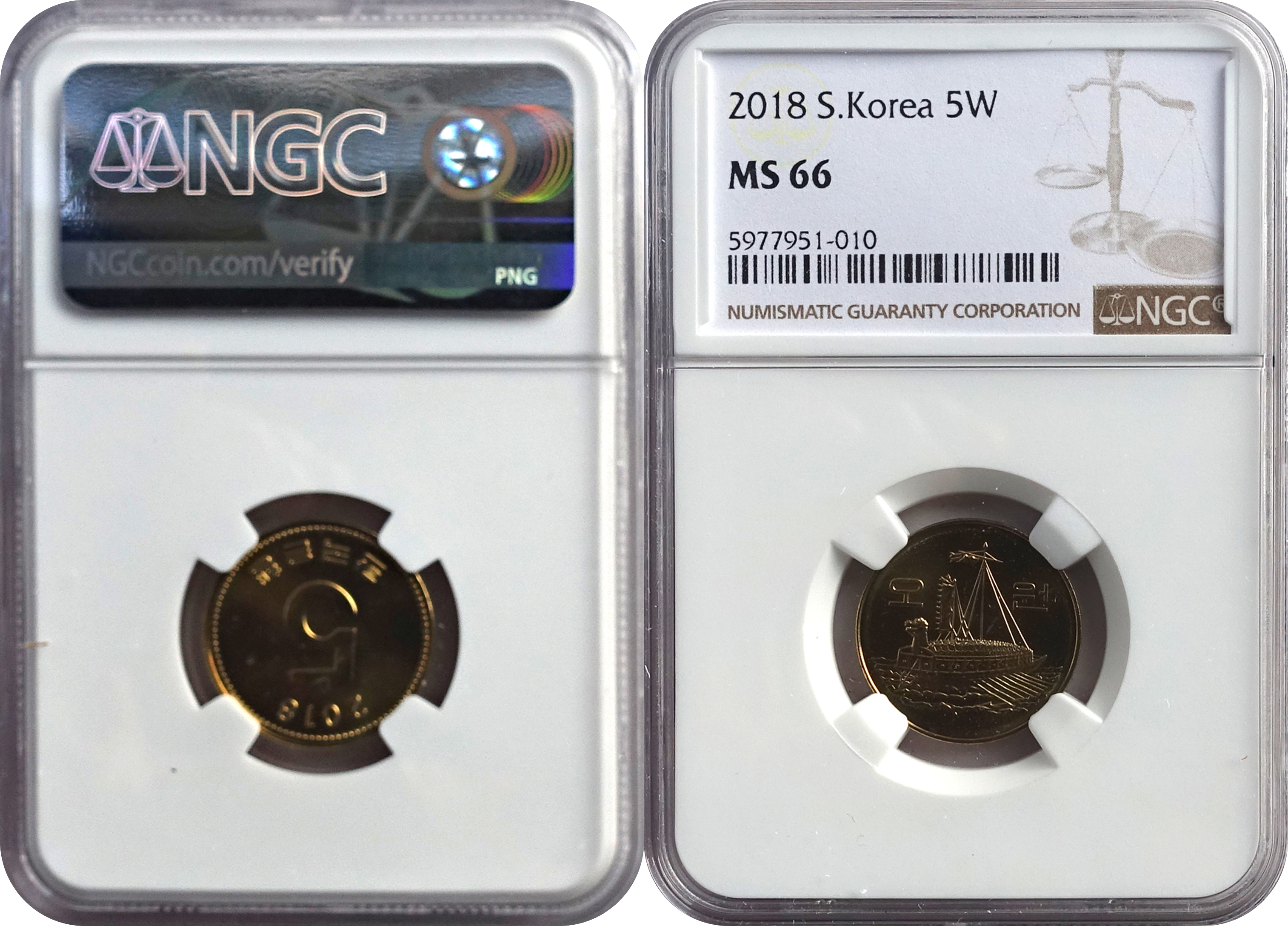 한국은행 5원 주화 (2018년표기) NGC MS 66 미사용품