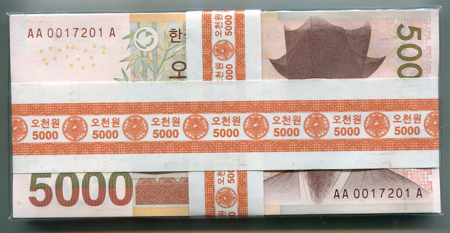 한국은행마5000원권(5차)100매 제다발AA0017201A
