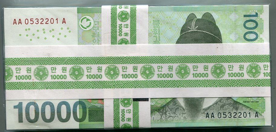 한국은행바10000원권(6차)100매,AA0532201A 미사용품제다발
